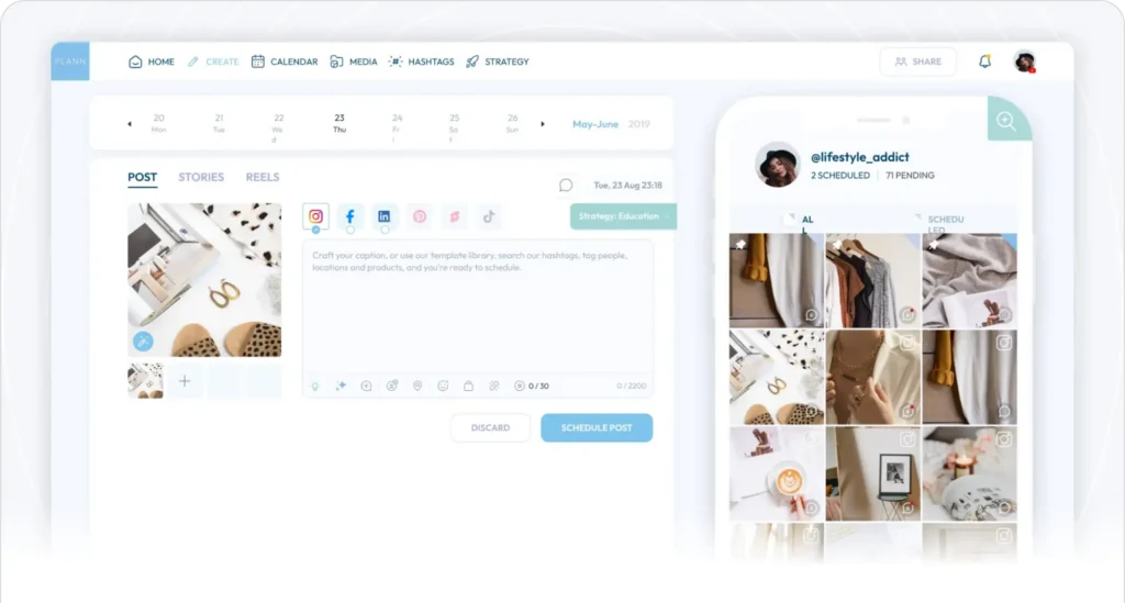 Plann social media scheduling dashboard with visual Instagram feed preview, caption editor, and multi-platform post setup.