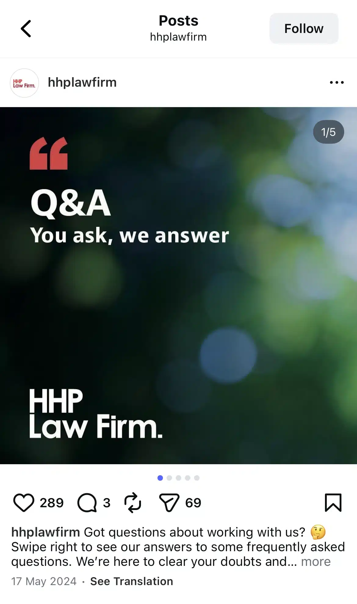 Instagram carousel cover from HHP Law Firm introducing a Q&A series, with on-screen text reading “Q&A — You ask, we answer” over a blurred green background, promoting a swipe-through post that answers frequently asked questions about working with the law firm.