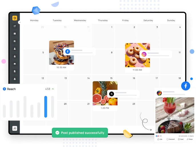 RecurPost's social media scheduling calendar showing a monthly view with planned posts for Facebook and Instagram, including food photos, scheduled times, engagement metrics, and a confirmation message reading “Post published successfully.