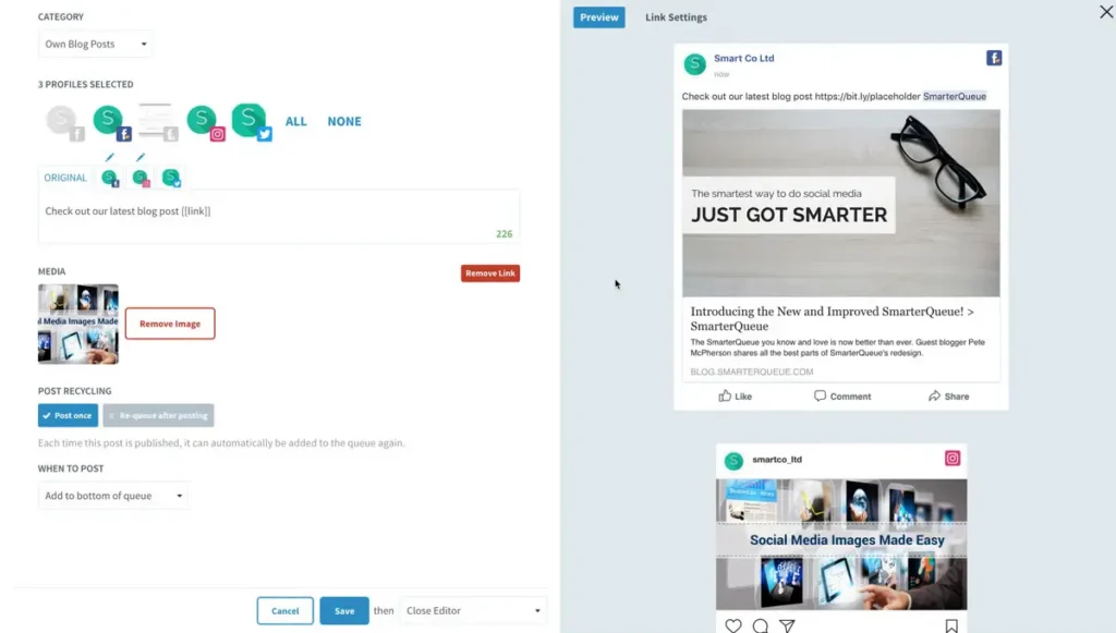 SmarterQueue scheduling interface showing post recycling settings, platform previews, and evergreen content controls.