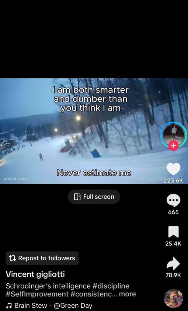 TikTok video of a snowy ski slope at dusk with overlaid motivational text reading “I am both smarter and dumber than you think I am” and “Never estimate me,” with engagement icons on the side.