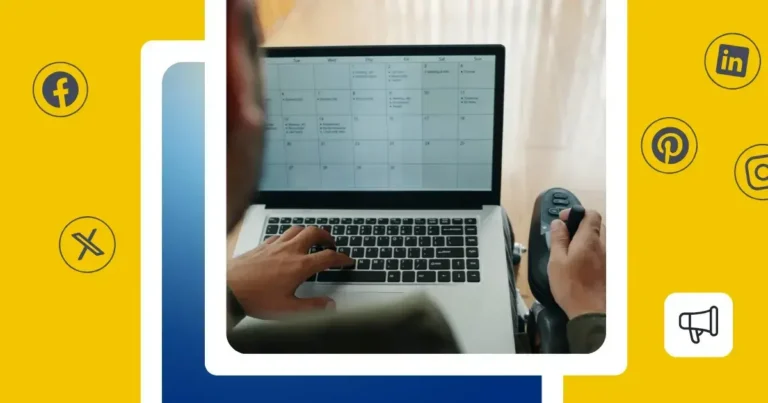 Person using a laptop with a social media content calendar, surrounded by icons for Facebook, LinkedIn, Pinterest, and X.