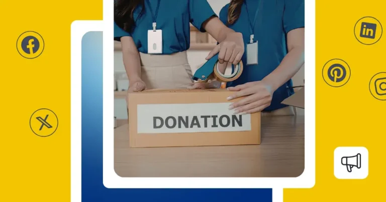 Two nonprofit volunteers sealing a cardboard box labeled “Donation” with packing tape, illustrating social media tools for nonprofits and community fundraising campaigns.