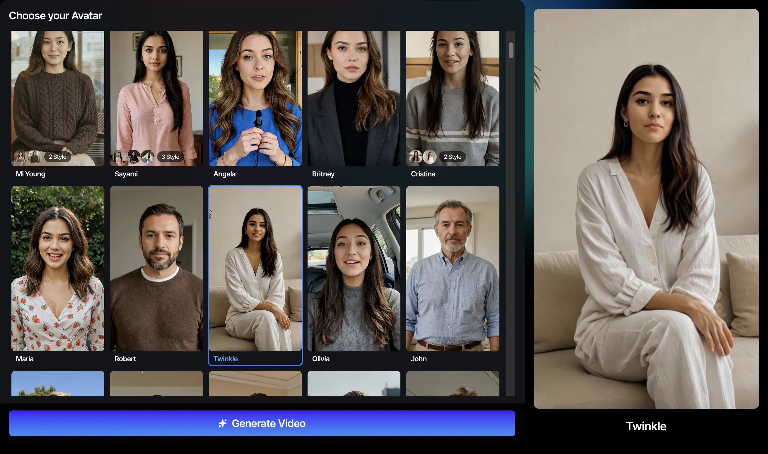 AI avatar selection screen showing multiple presenter profiles (Mi Young, Sayami, Angela, Britney, Cristina, Maria, Robert, Olivia, and John), with “Twinkle” highlighted as the selected avatar and a large preview on the right, plus a “Generate Video” button at the bottom.
