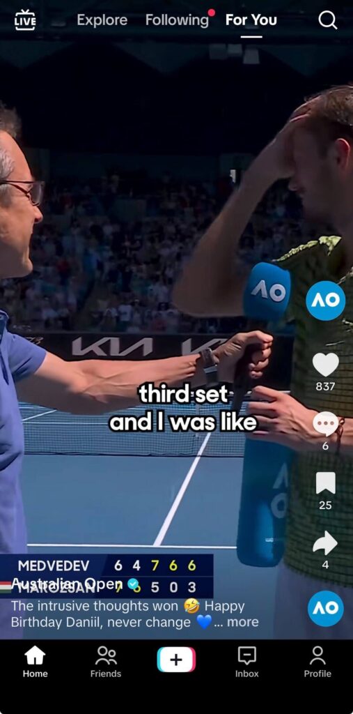 TikTok For You page showing an Australian Open interview on a tennis court, with a reporter holding a microphone toward a player during a post-match conversation.