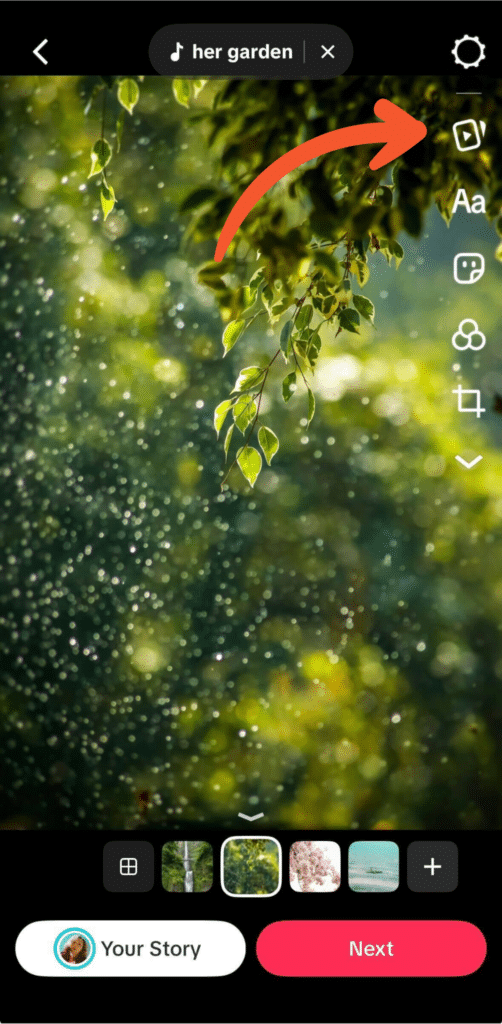 TikTok editing screen showing a close-up image of green leaves with light bokeh, the sound “her garden” selected at the top, and editing tools like text, stickers, filters, and effects on the right.