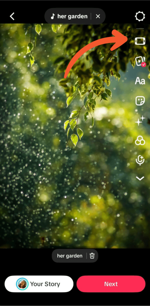 TikTok editing screen showing a close-up image of green leaves with light bokeh, the sound “her garden” selected at the top, and editing tools like text, stickers, filters, and effects on the right.