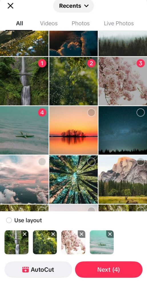 TikTok photo selection screen showing multiple landscape images in a grid, with numbered red circles indicating the selected image order and thumbnails arranged at the bottom.