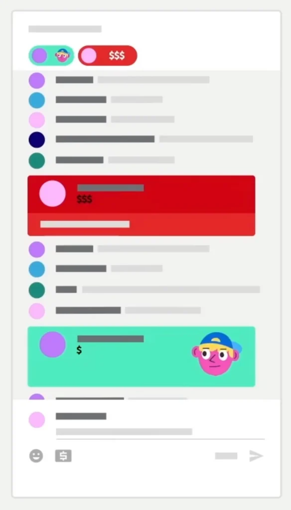 Illustration of a YouTube live chat feed showing highlighted Super Chats in red and green with dollar signs, alongside regular comments and user icons, representing paid messages during a livestream.