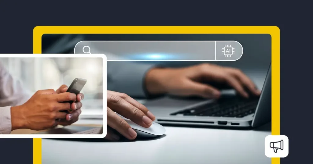 Close-up of hands using a laptop and smartphone with a search bar and AI icon, representing AI tools for optimizing LinkedIn profiles and content.
