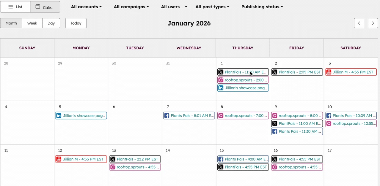 HubSpot’s social media content calendar for January 2026 showing scheduled posts across platforms (X, Instagram, Facebook, LinkedIn, YouTube).