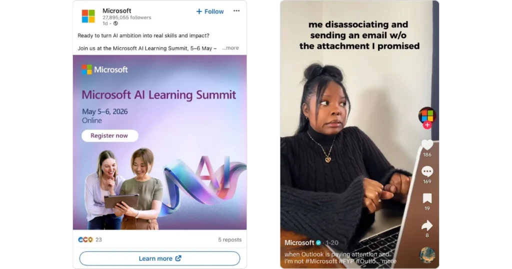 Side-by-side comparison of a Microsoft LinkedIn promotional post for an AI event and a TikTok-style video showing a relatable workplace moment on a laptop.