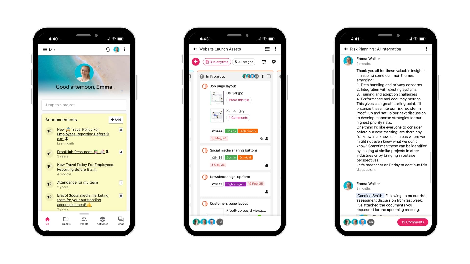Three smartphone screens showing ProofHub’s interface with a dashboard, task list, and team discussion thread.