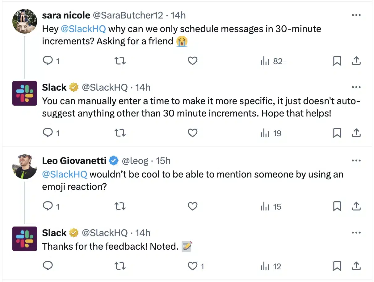 X (Twitter) thread showing Slack’s verified account responding to user mentions, answering a question about message scheduling and acknowledging product feedback, demonstrating brand engagement with its audience.