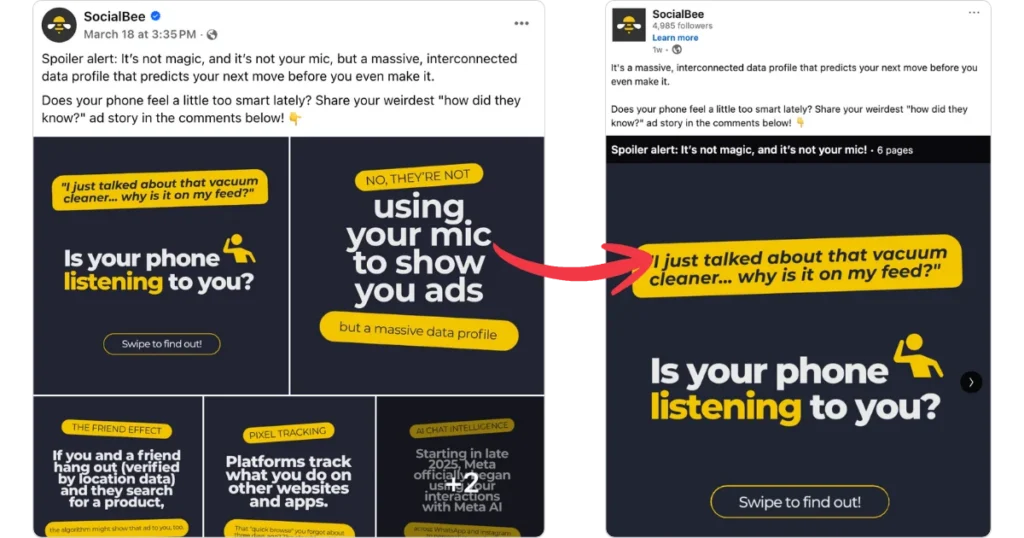 Comparison between a SocialBee Facebook carousel post explaining how data tracking works and a LinkedIn carousel version of the same post.