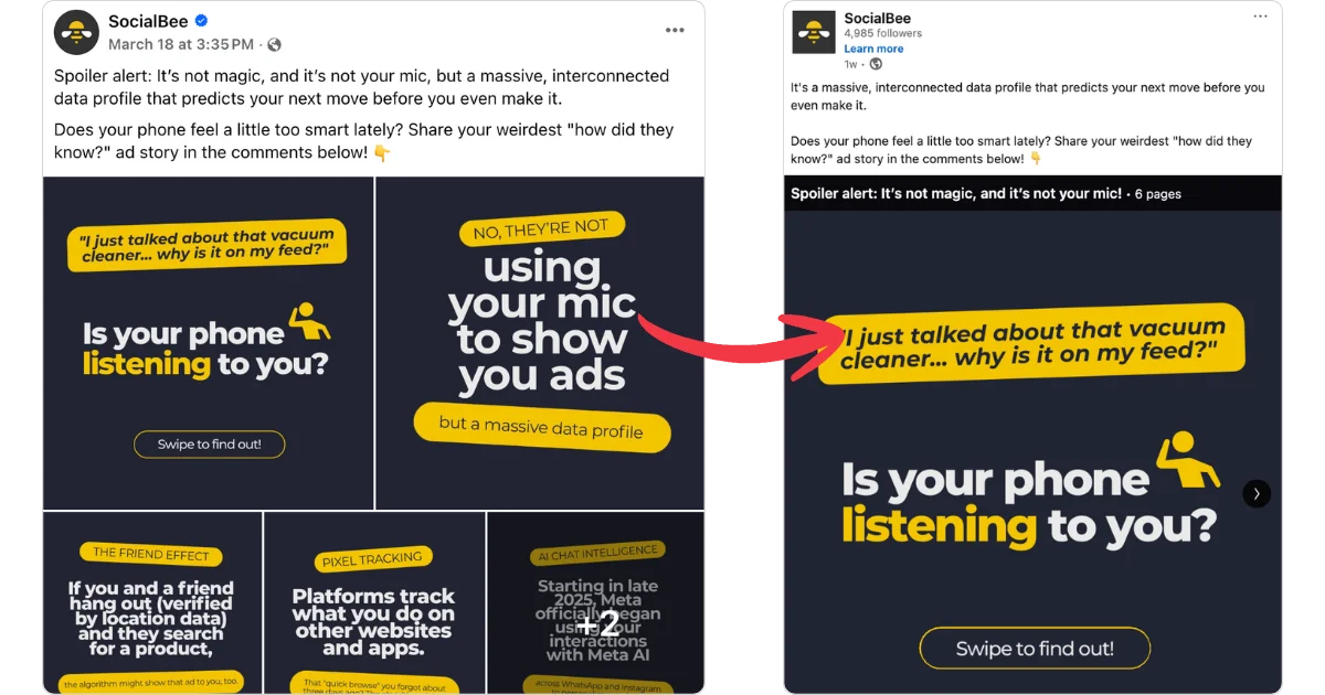 Comparación entre un post en carrusel de Facebook de SocialBee que explica cómo funciona el seguimiento de datos y una versión en carrusel de LinkedIn del mismo post.