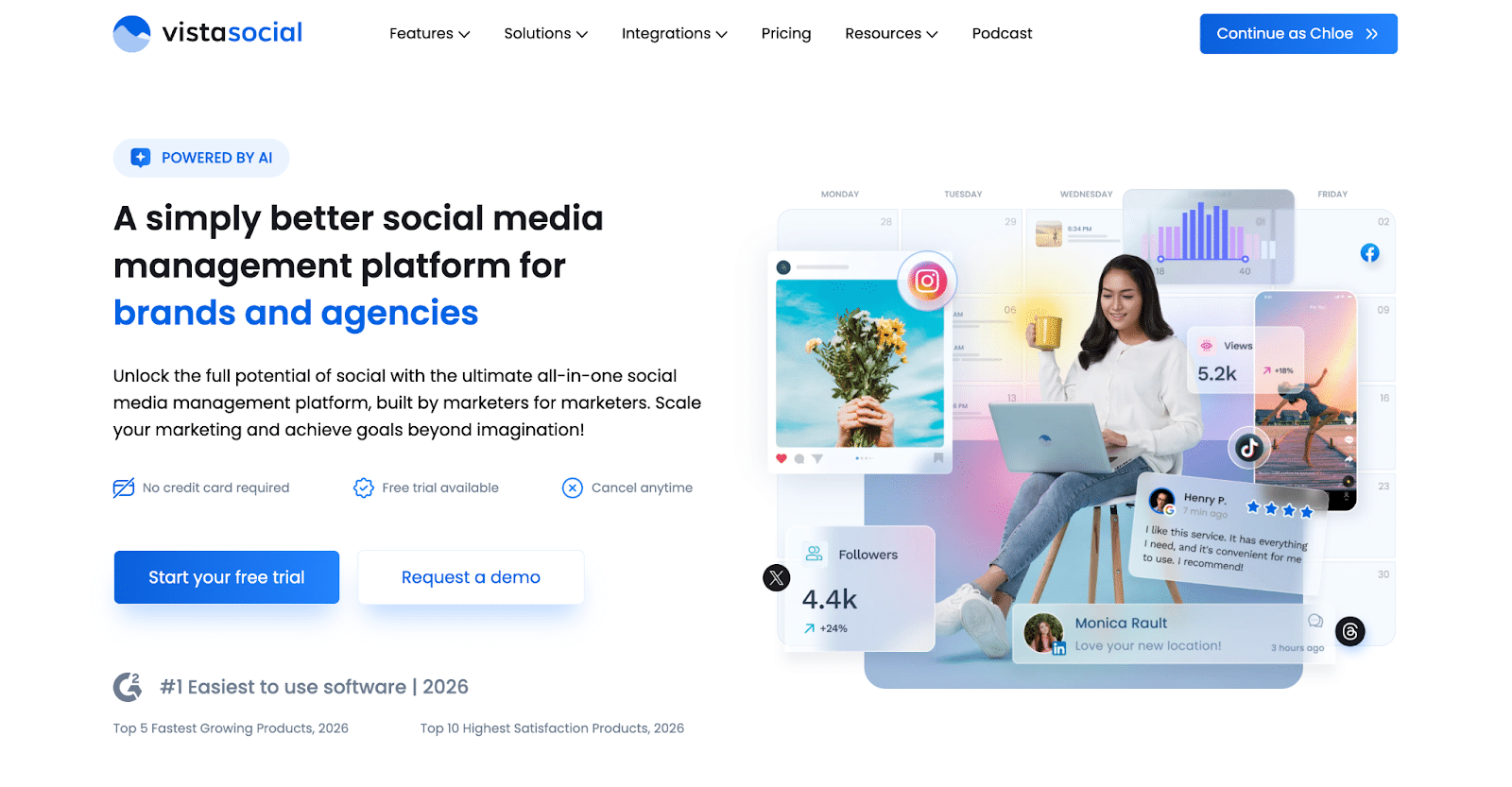 Vista Social home page showing dashboard with analytics, social media posts, and navigation menu.