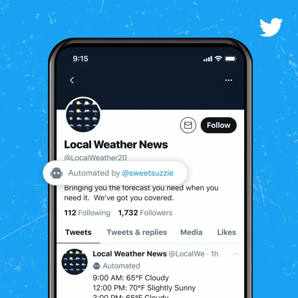 X interface showing a “Local Weather News” account with an “Automated by @sweetsuzzie” label, indicating tweets such as hourly weather forecasts are posted automatically.