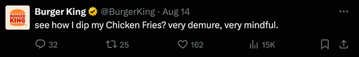 X (Twitter) post from Burger King’s verified account using a playful, trend-based caption about Chicken Fries, showing engagement metrics like replies, reposts, likes, and views.