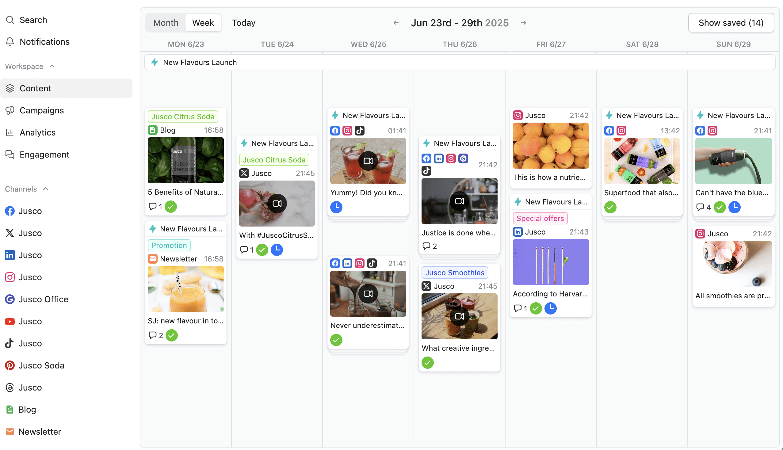 Planable’s social media content calendar in week view showing scheduled posts across multiple platforms.