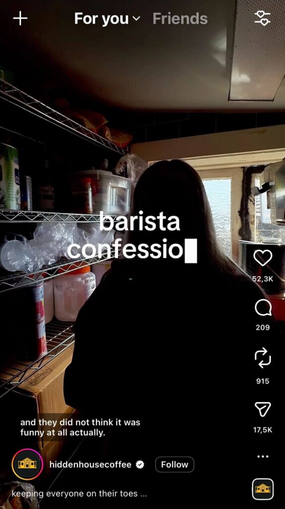 Barista standing in a storage room with text overlay “barista confession” in a storytelling-style Instagram video