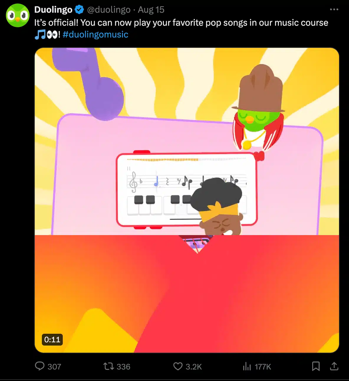 X (Twitter) post from Duolingo’s verified account announcing its music course feature, featuring a colorful animated preview with musical notes and characters, along with engagement metrics like replies, reposts, likes, and views.