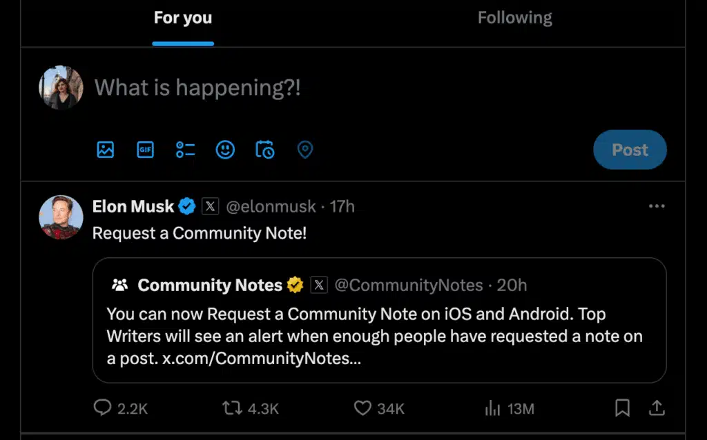 X (Twitter) home feed set to the “For you” tab, displaying algorithmically recommended posts, including a post about requesting a Community Note with engagement metrics and preview card.
