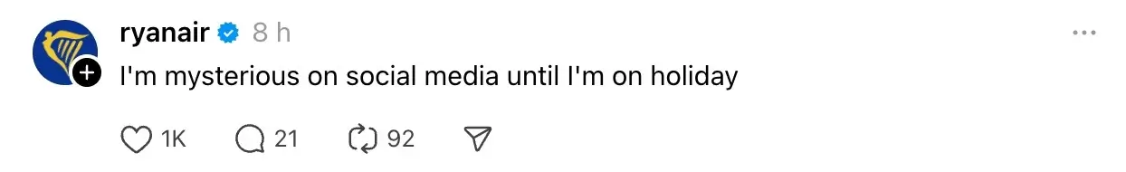 Threads post from Ryanair’s verified account with the caption “I'm mysterious on social media until I'm on holiday,” showing engagement metrics such as likes, comments, and reposts.