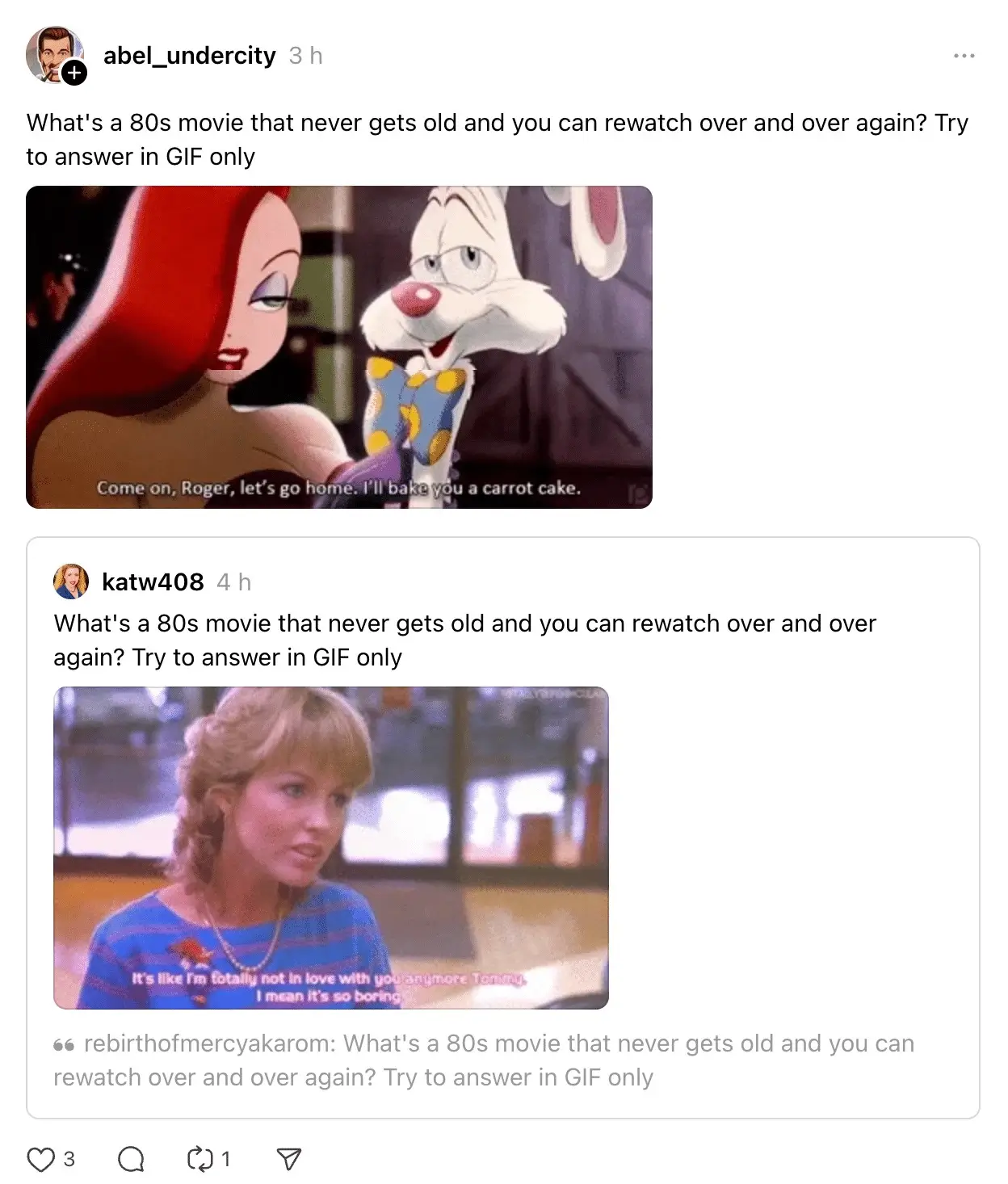 Threads discussion where users respond to the prompt “What’s a 80s movie that never gets old and you can rewatch over and over again? Try to answer in GIF only,” featuring animated GIF replies from films like Who Framed Roger Rabbit.