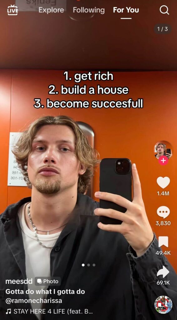 Young man taking a mirror selfie in an orange room with text overlay listing goals: “get rich, build a house, become successful,” displayed in a TikTok interface.