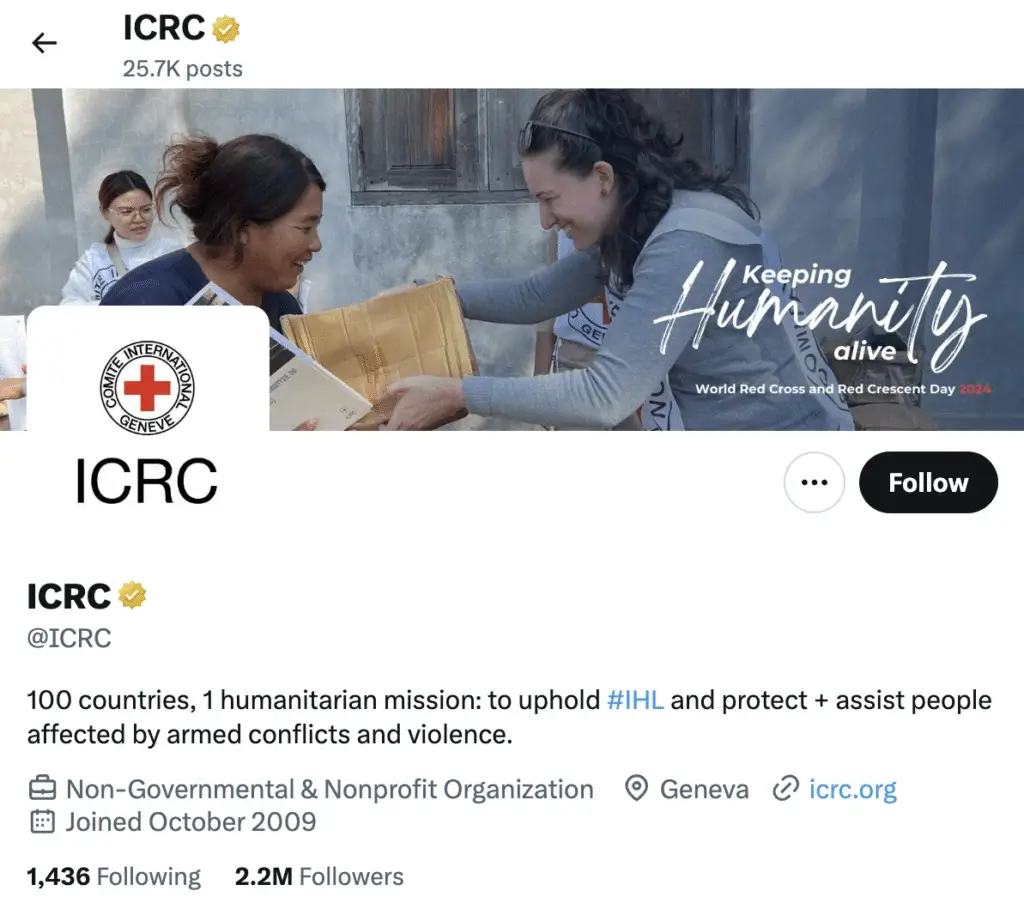 X profile of the International Committee of the Red Cross (ICRC) displaying a gold verification badge for an organization, with profile information about its humanitarian mission and 2.2M followers.