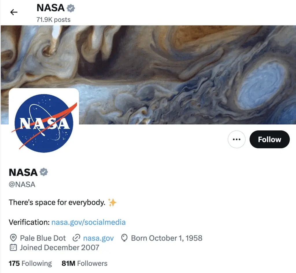X profile of NASA displaying a gray verification badge for a government organization, with space-themed banner art and account details including 81M followers.