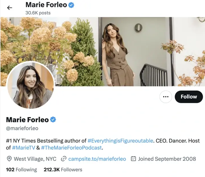 X profile of Marie Forleo highlighting her credentials as a #1 New York Times bestselling author, CEO, and host of MarieTV and The Marie Forleo Podcast, with a verified badge and follower count.