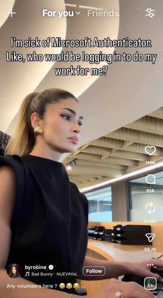 Woman working at a desk in an office with text overlay about Microsoft Authenticator in a relatable Instagram Reel