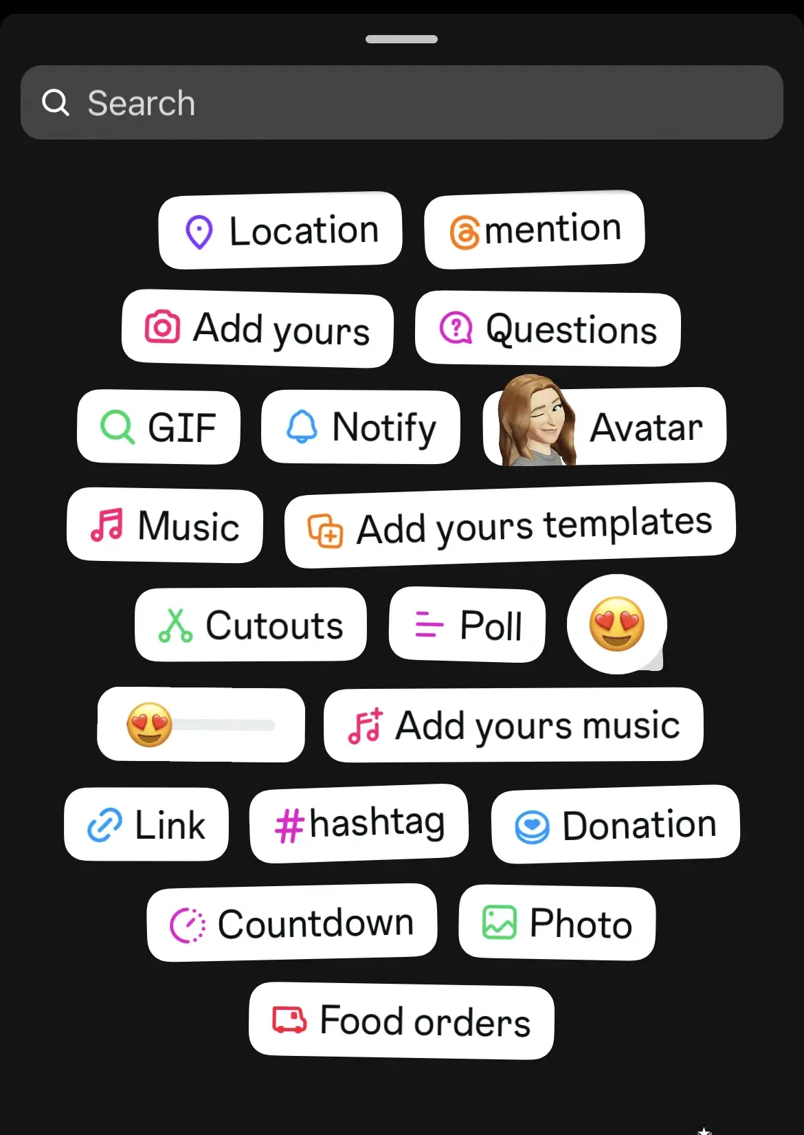 Instagram Story sticker menu showing interactive widgets such as location, mention, questions, GIF, music, poll, link, hashtag, countdown, donation, and other engagement tools used to make stories more interactive.
