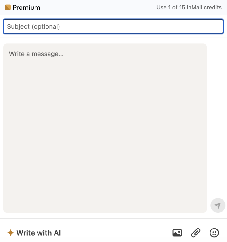 LinkedIn Premium InMail message composer with subject field, message box, and remaining InMail credits displayed at the top.