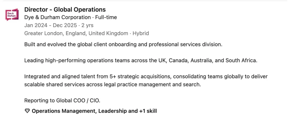 LinkedIn job experience section for Director of Global Operations detailing leadership, global team management, and integration of acquisitions across multiple regions.