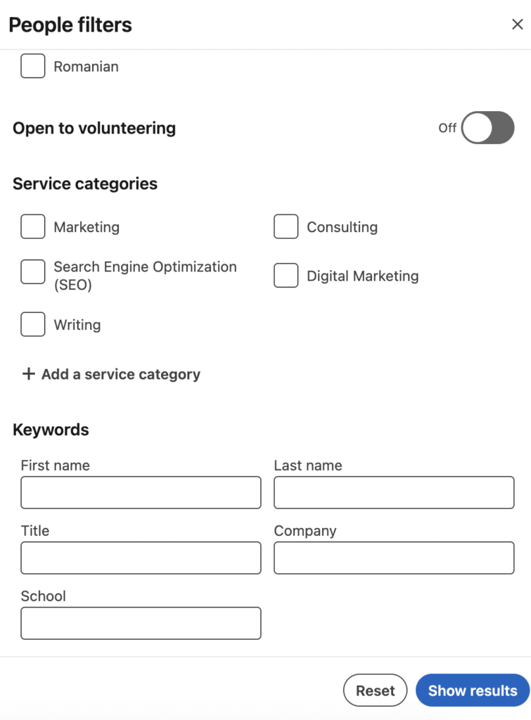 LinkedIn People search filters panel with options for service categories like marketing, SEO, digital marketing, writing, and fields for name, company, and school