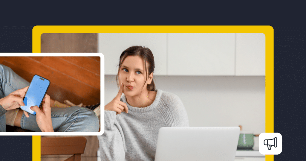 LinkedIn Premium promotional image showing a woman using a laptop and thinking, with a smartphone overlay and megaphone icon representing networking and career growth