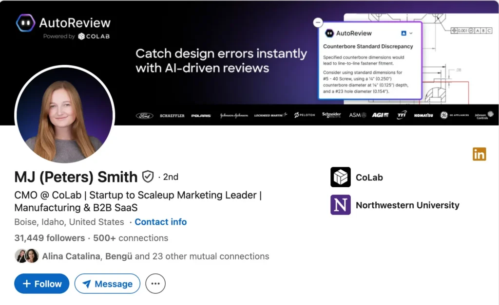 LinkedIn profile of MJ Peters Smith, CMO at CoLab, highlighting experience in startup to scaleup marketing and B2B SaaS.
