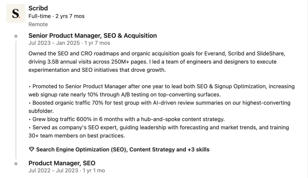 LinkedIn experience section showing Senior Product Manager role at Scribd with achievements in SEO growth, CRO optimization, and traffic increase.