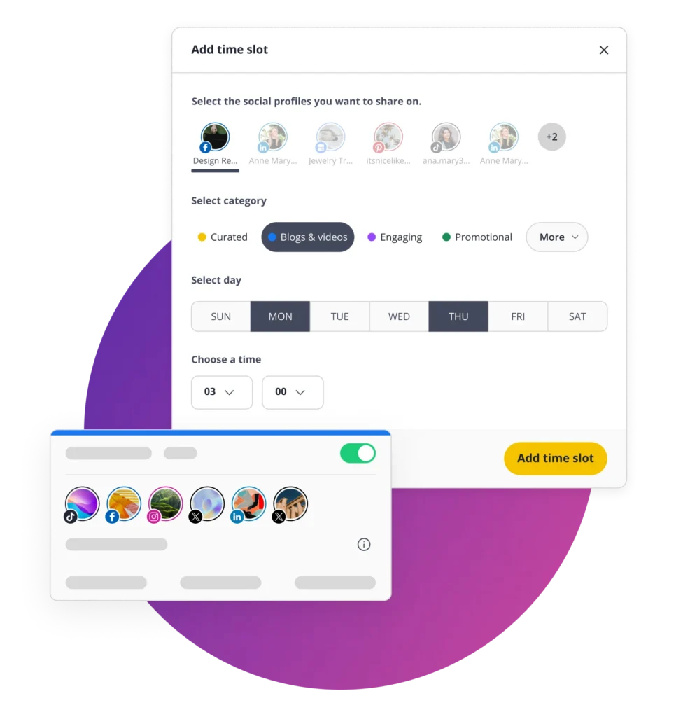 SocialBee post scheduling interface showing time slot selection, content categories, and multiple social media profiles.