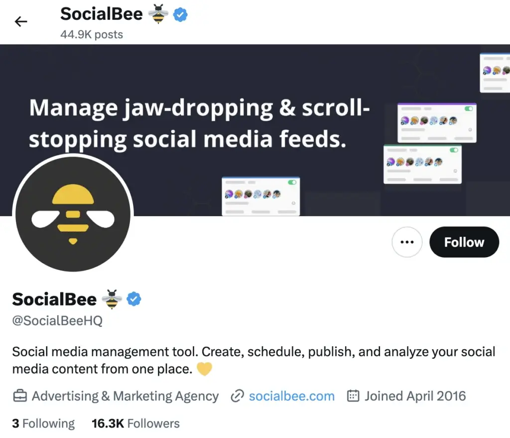 X profile of SocialBee (@SocialBeeHQ) showing a verified brand account with a banner promoting social media management tools for scheduling, publishing, and analyzing content.