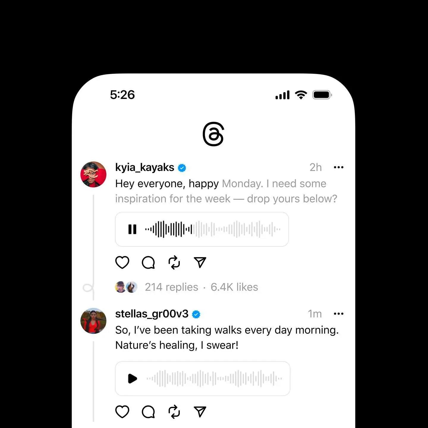 Threads conversation showing a post with an audio waveform voice note, where users can share and reply to messages using recorded voice clips within the thread.