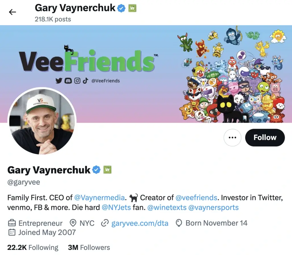 X profile of Gary Vaynerchuk (@garyvee) with a verified badge and VeeFriends affiliation badge, featuring a VeeFriends banner and bio listing his roles as CEO of VaynerMedia and investor.