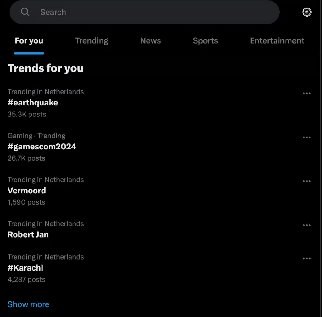 X (Twitter) Explore tab displaying trending topics and hashtags, including regional trends like #earthquake and #gamescom2024, with post counts and categorized sections such as news, sports, and entertainment.