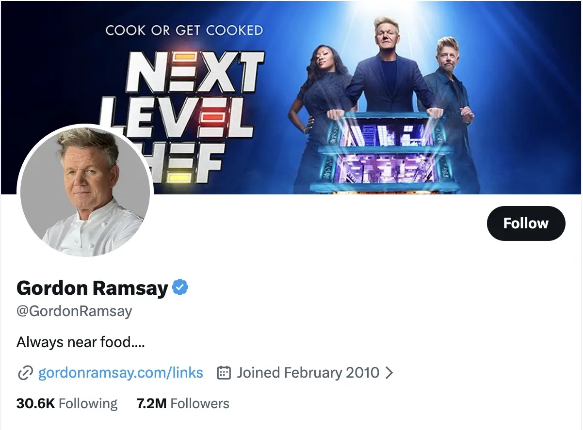 X profile of chef Gordon Ramsay displaying a blue verified checkmark, with a “Next Level Chef” banner and profile details including follower count and join date.