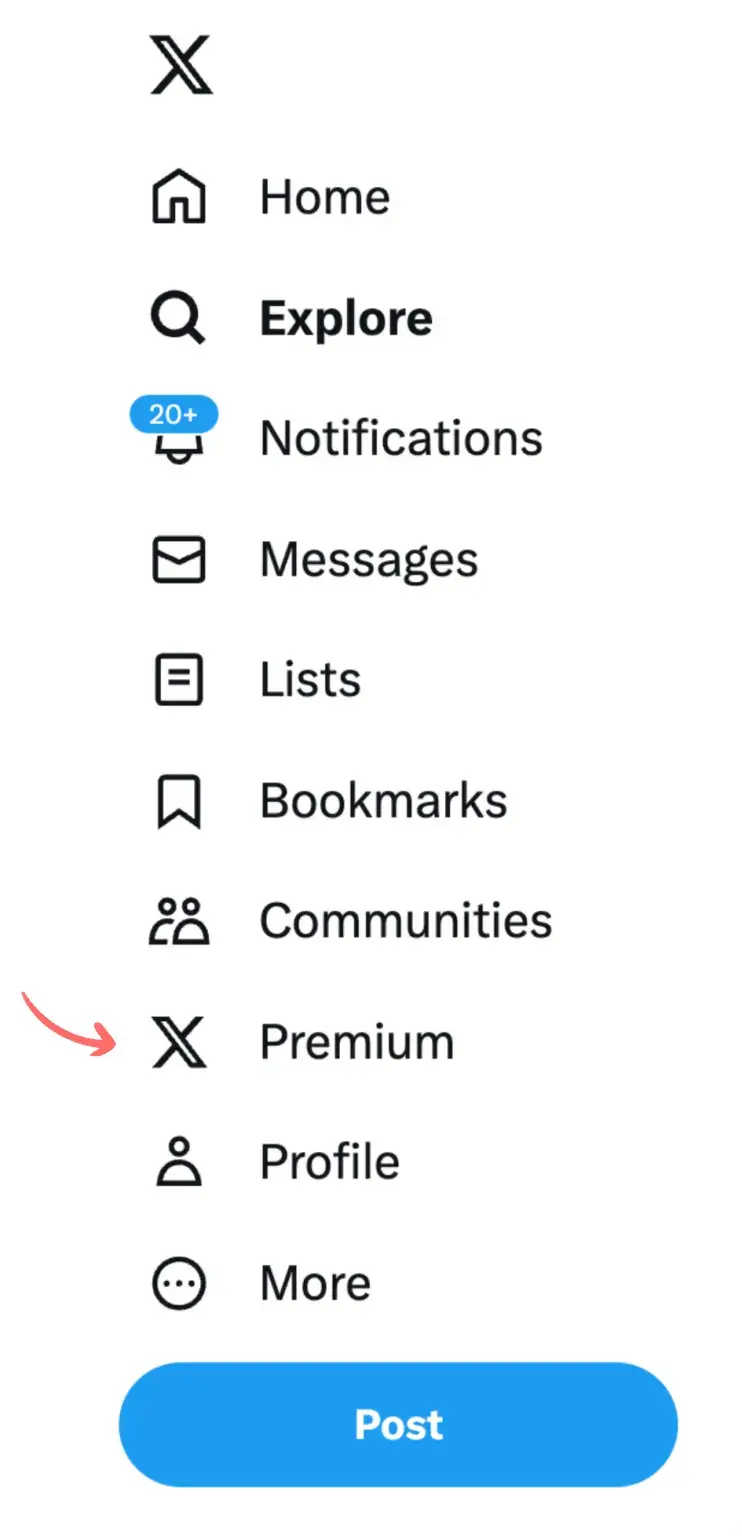 X navigation sidebar displaying menu items such as Home, Explore, Notifications, and Messages, with the “X Premium” option highlighted by a red arrow.