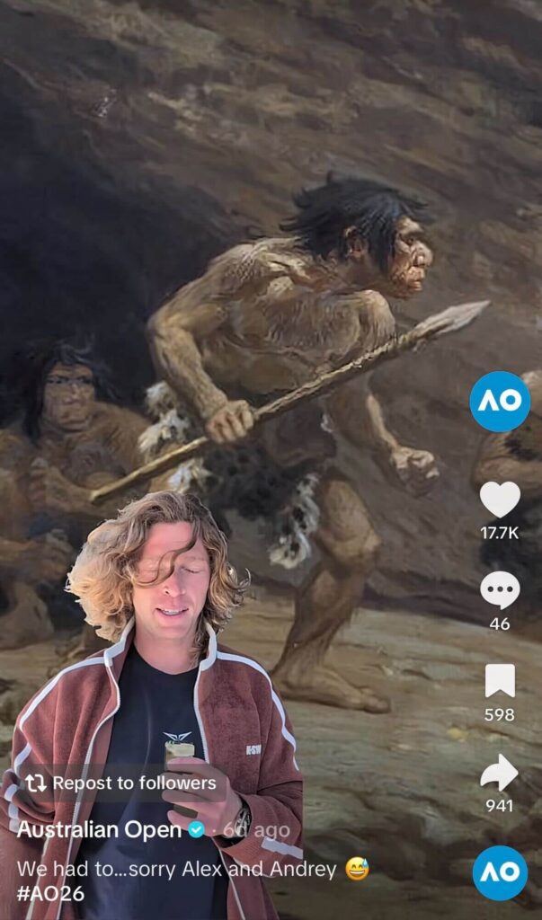 Man speaking in front of a prehistoric illustration of early humans with a spear, styled as a TikTok video with engagement icons and caption overlay.