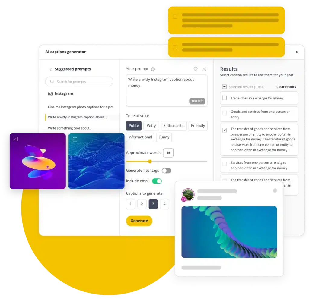 SocialBee AI caption generator interface showing prompt input, tone selection, hashtag options, and generated Instagram caption results with previewed post visuals